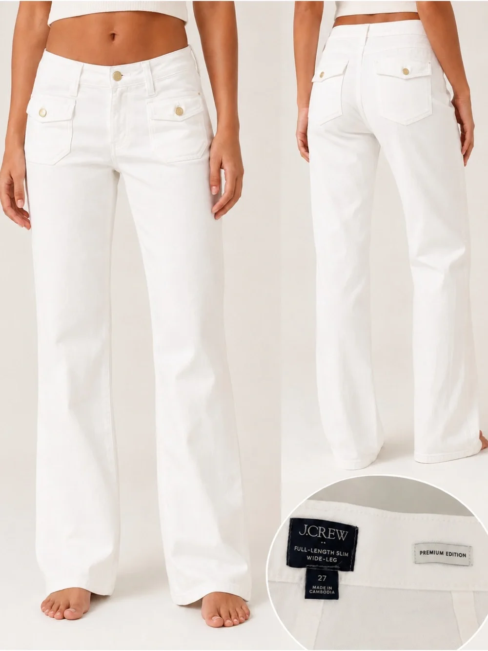 J. Crew White Full-Length Wide-Leg Jeans with Front Patch Pockets